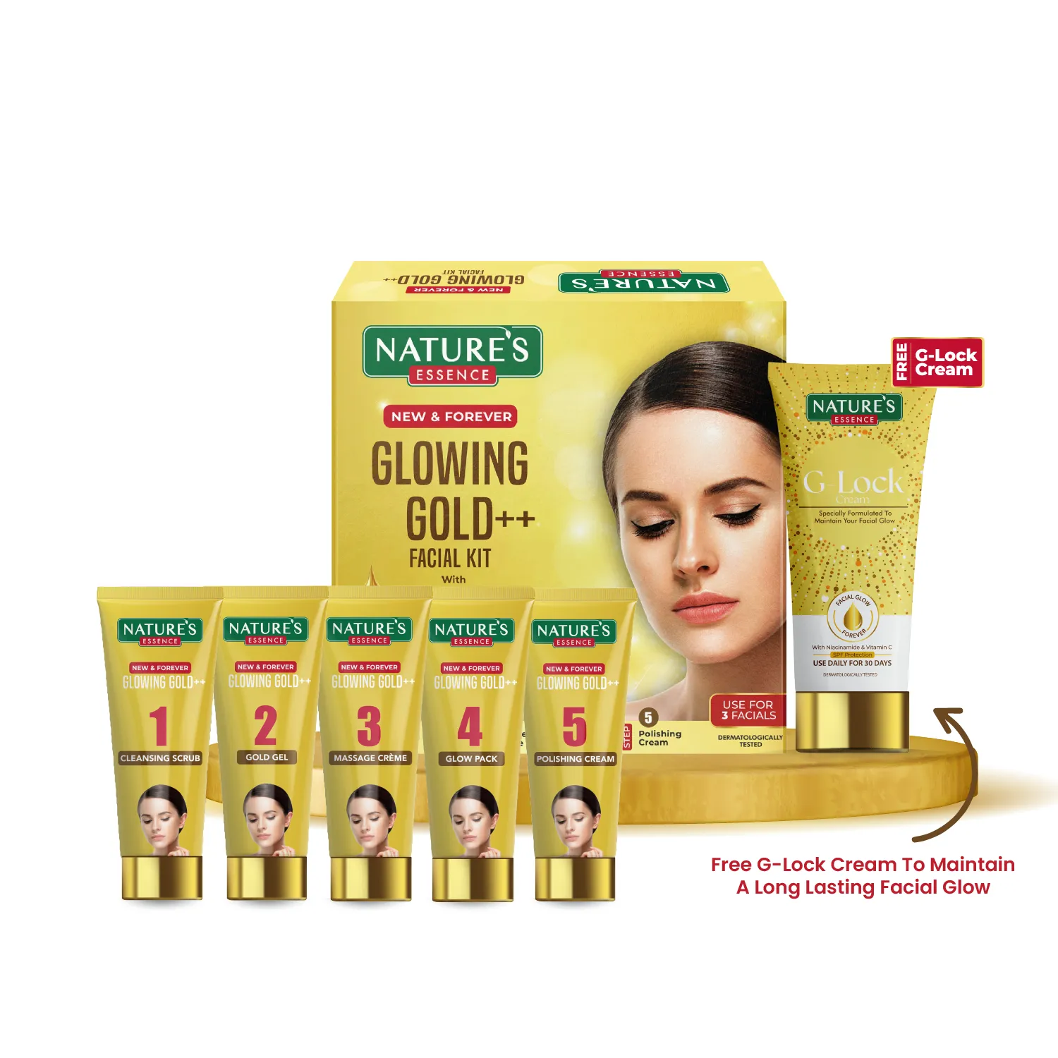 Nature's Essence Glowing Gold Facial Kit, 75 gm+ G-lock cream Free 25 gm - Image 2